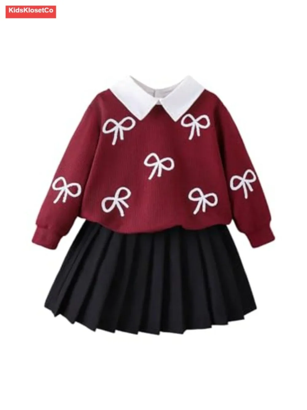 Girls 2 Piece Outfit Bow Collar Sweatshirt Pleated Skirt Set